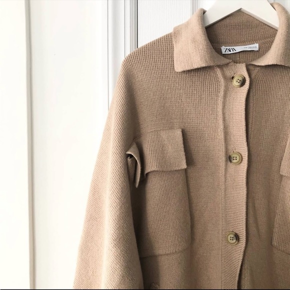 Zara Beige Oversized Knit Button Down Shacket Relaxed Sleeves - Picture 7 of 10